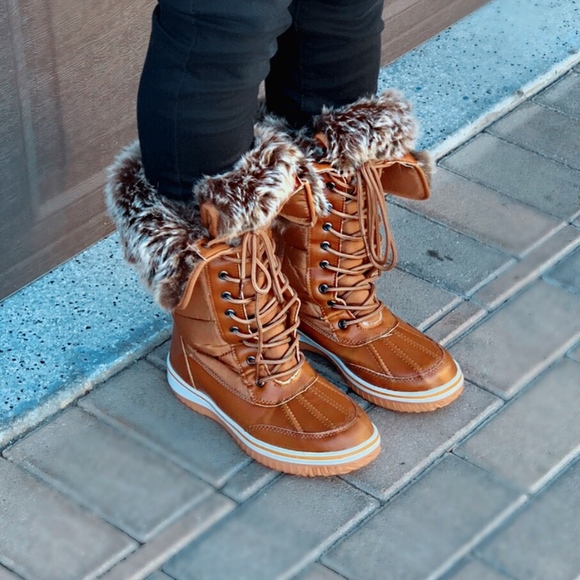 Shoes - Tan Nylon Lace Up Faux Fur Cuff Winter Snow Boot